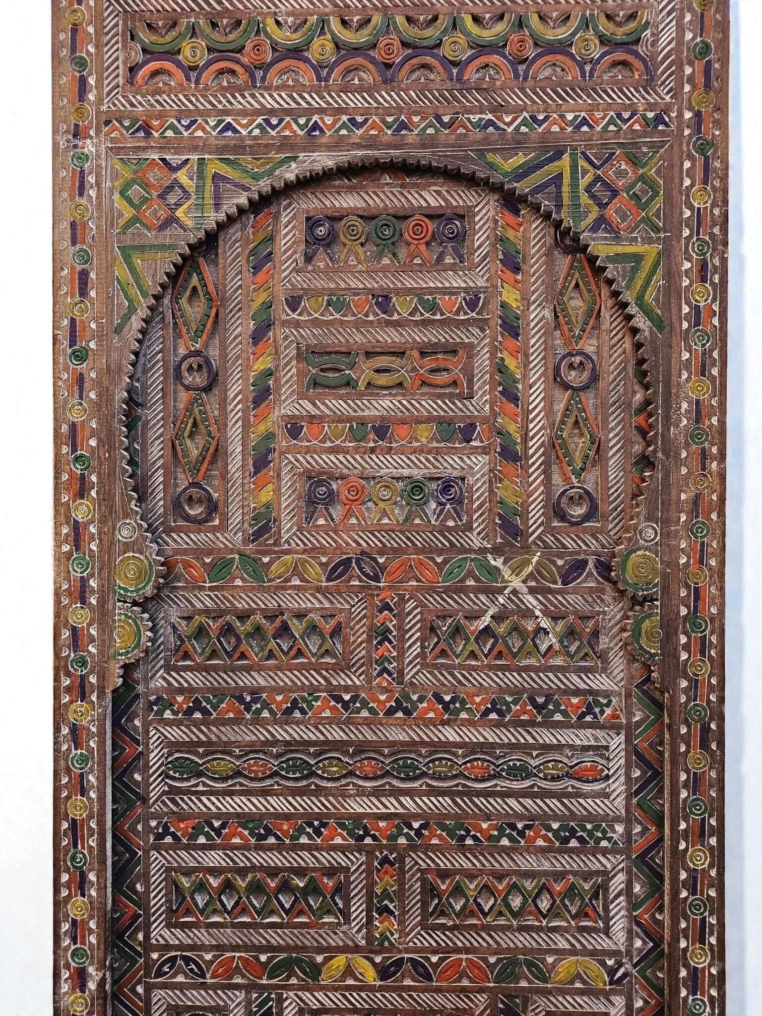 AtlasMuseCrafts Moroccan antique style door, natural wood with intricate Moorish hand-carving in geometric patterns and vibrant colors.