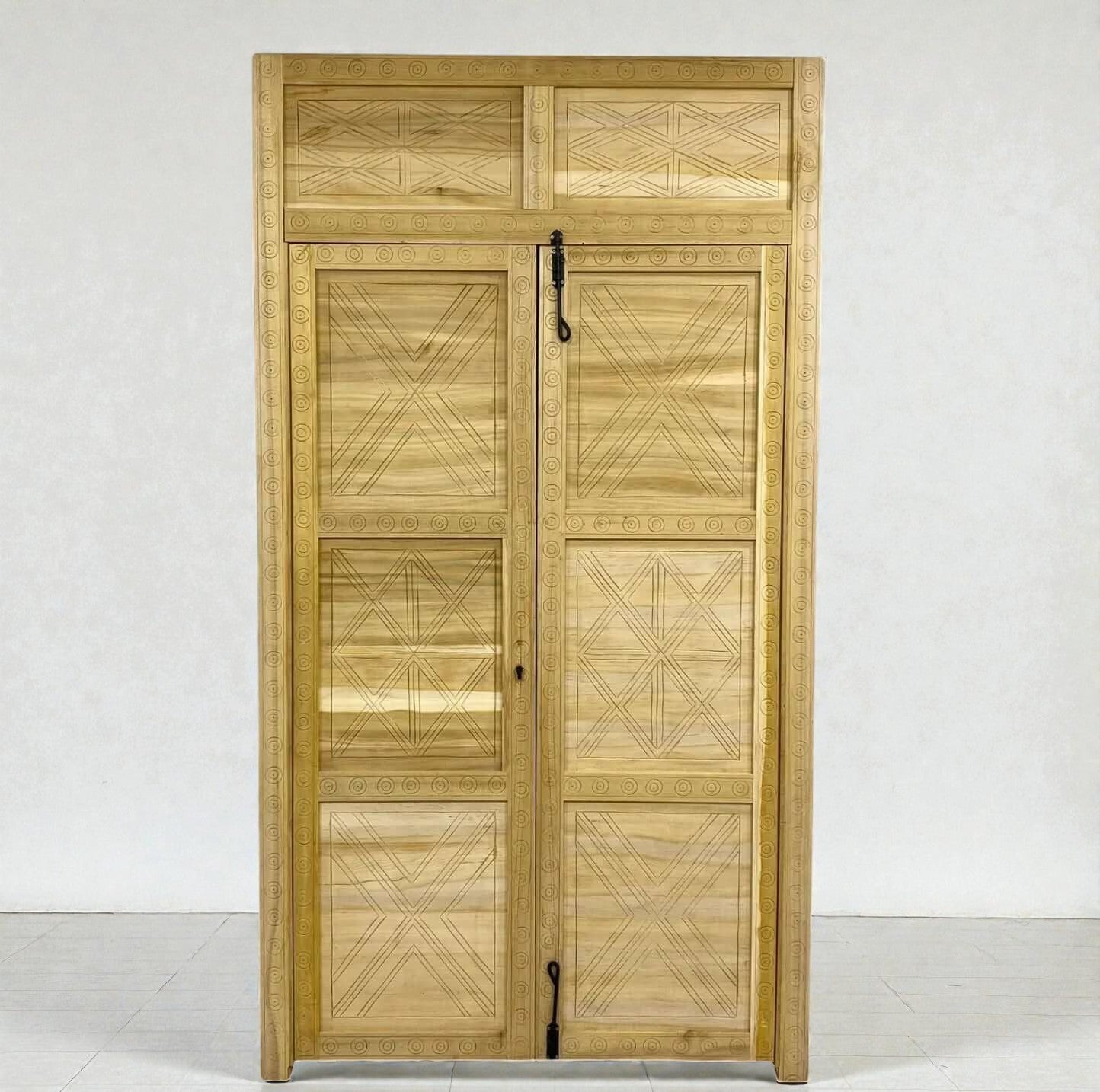 AtlasMuseCrafts natural wood Moroccan carved door with geometric Berber patterns. Suitable for entryways.