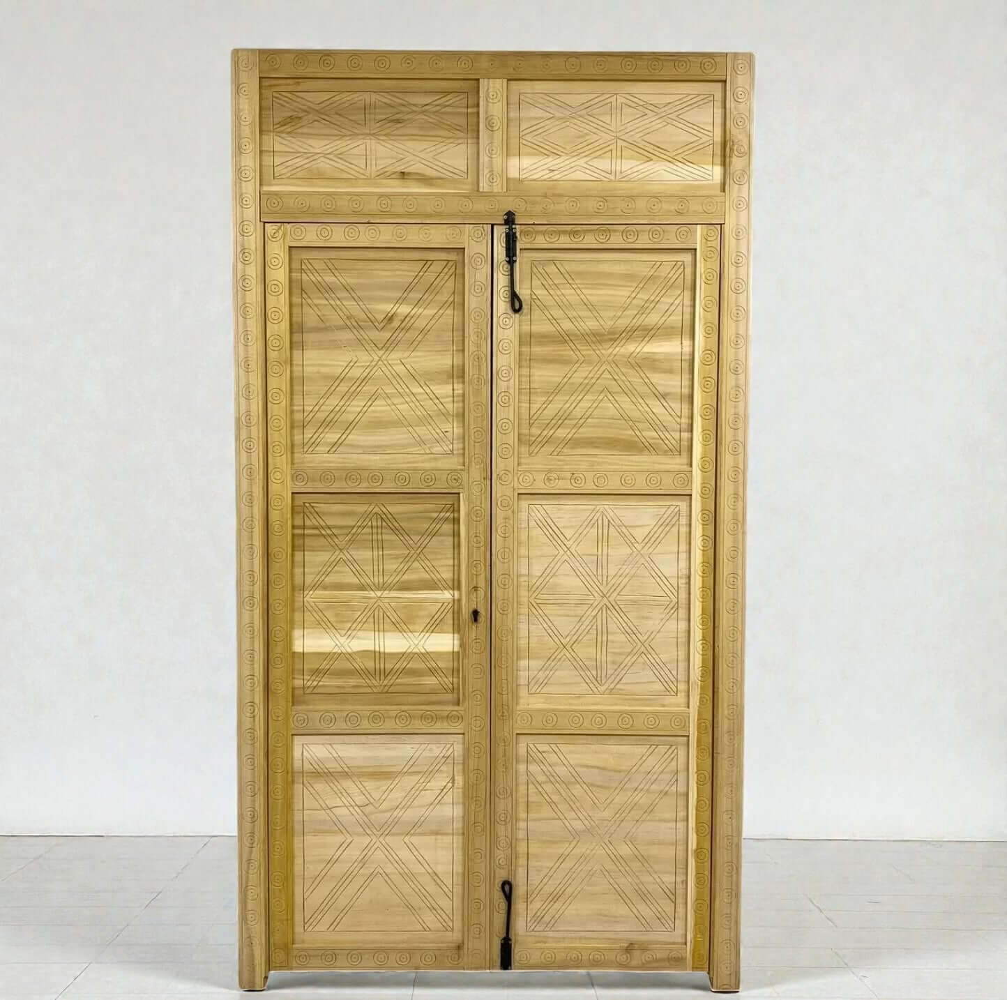 AtlasMuseCrafts natural wood Moroccan carved door with geometric Berber patterns. Suitable for entryways.