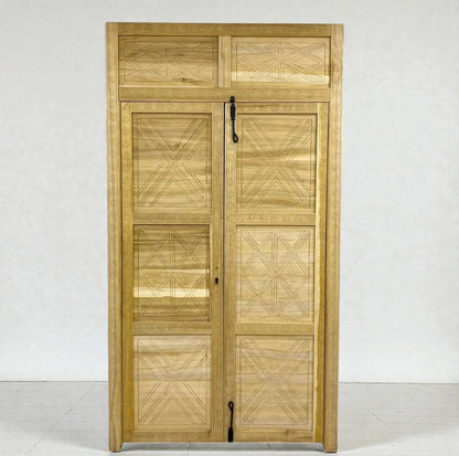AtlasMuseCrafts natural wood Moroccan carved door with geometric Berber patterns. Suitable for entryways.
