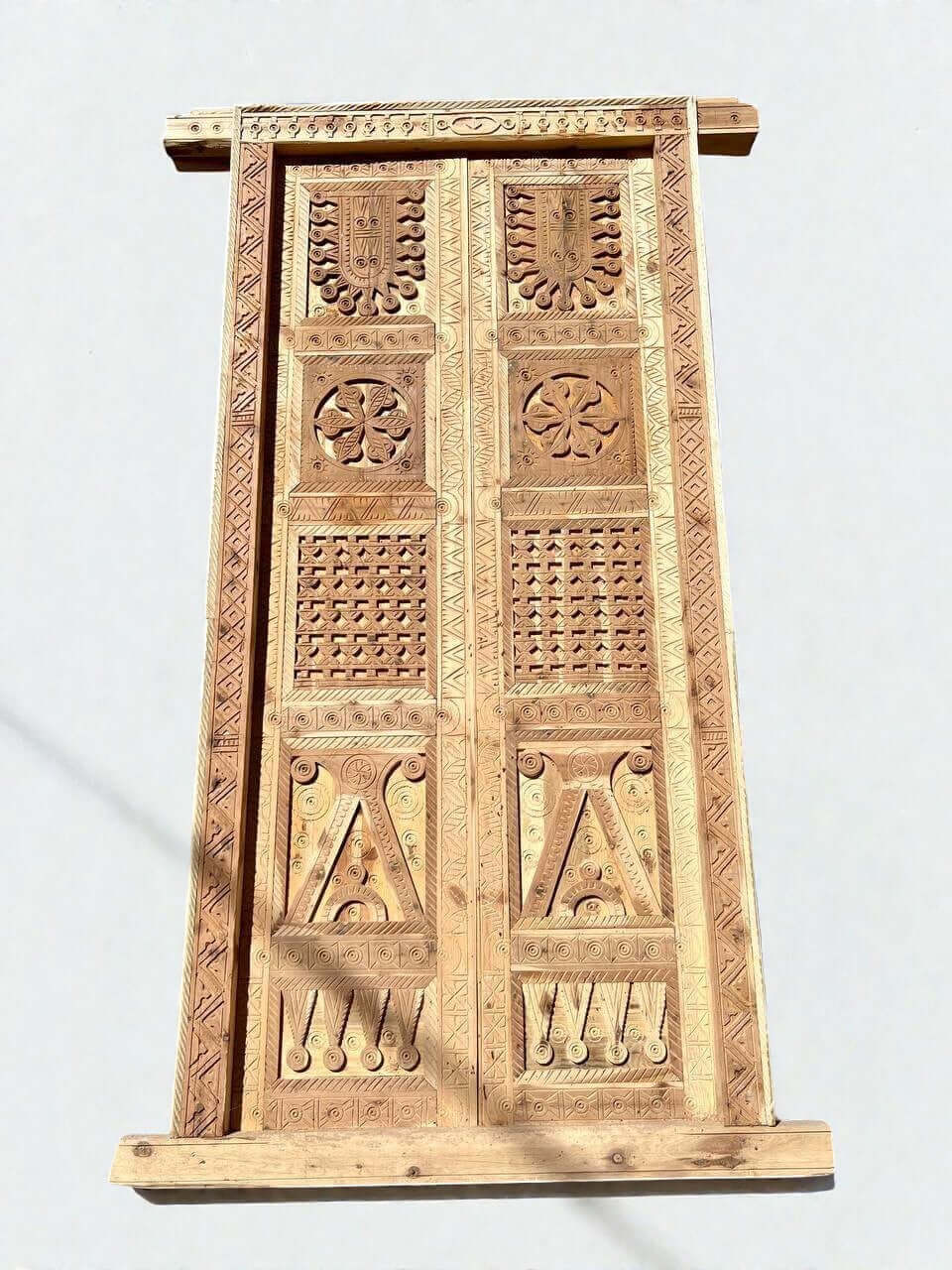 AtlasMuseCrafts antique Moroccan double door, natural wood with intricate Moorish hand-carving, geometric patterns, and arabesque designs.