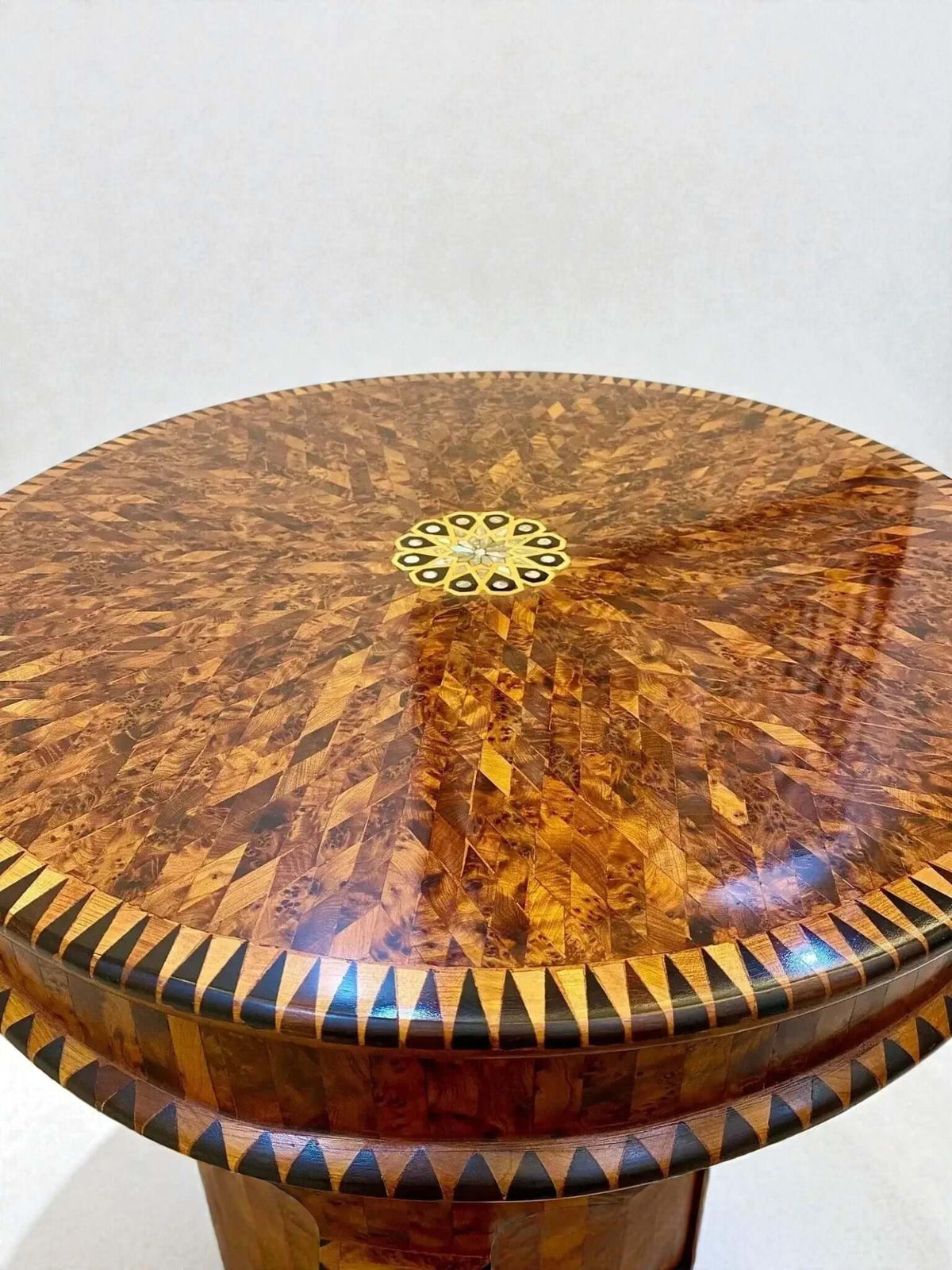 Moroccan Thuya inlaid coffee table with geometric and floral design