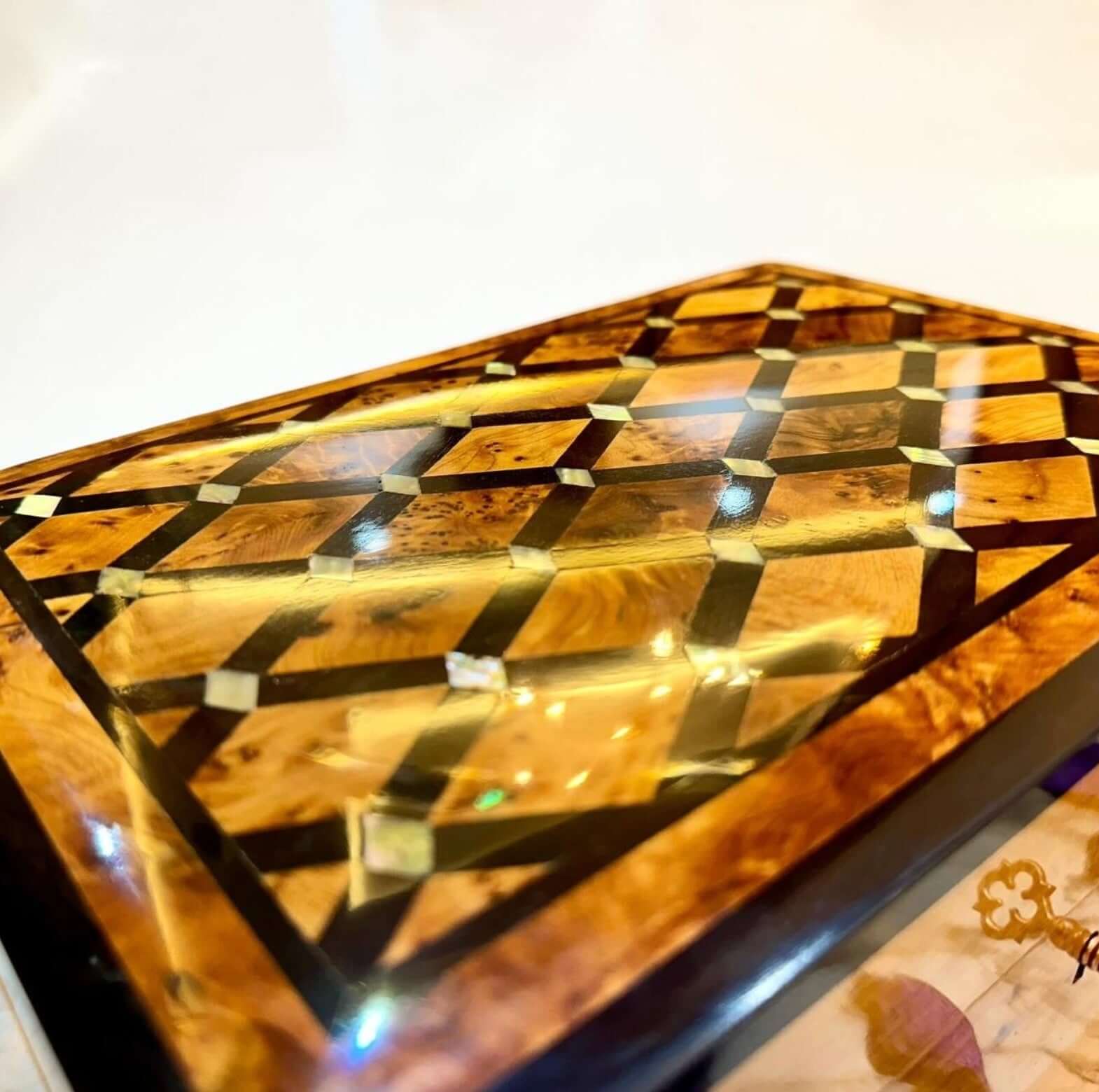 Luxury Wooden Jewelry Box with Moroccan Thuya burl wood detailing and intricate geometric patterns.