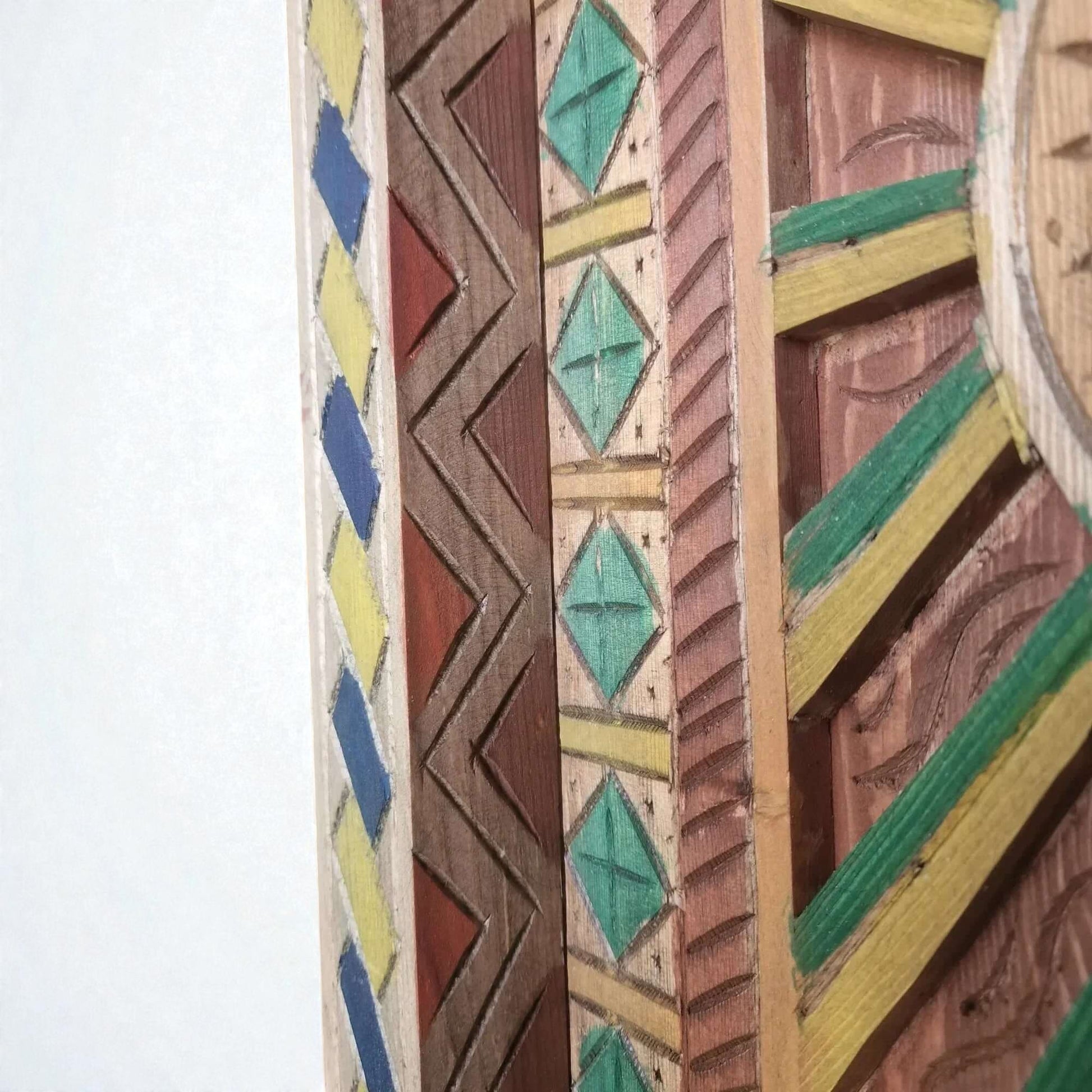 AtlasMuseCrafts hand-painted multicolor Moroccan wood door with geometric carving in blue, yellow, red, and green.