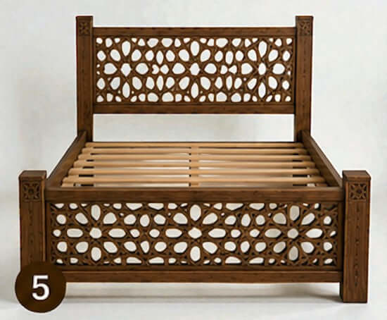 AtlasMuseCrafts handcrafted Moroccan wooden bed frame with intricate geometric carvings on headboard and footboard. Solid wood construction in a warm brown finish.