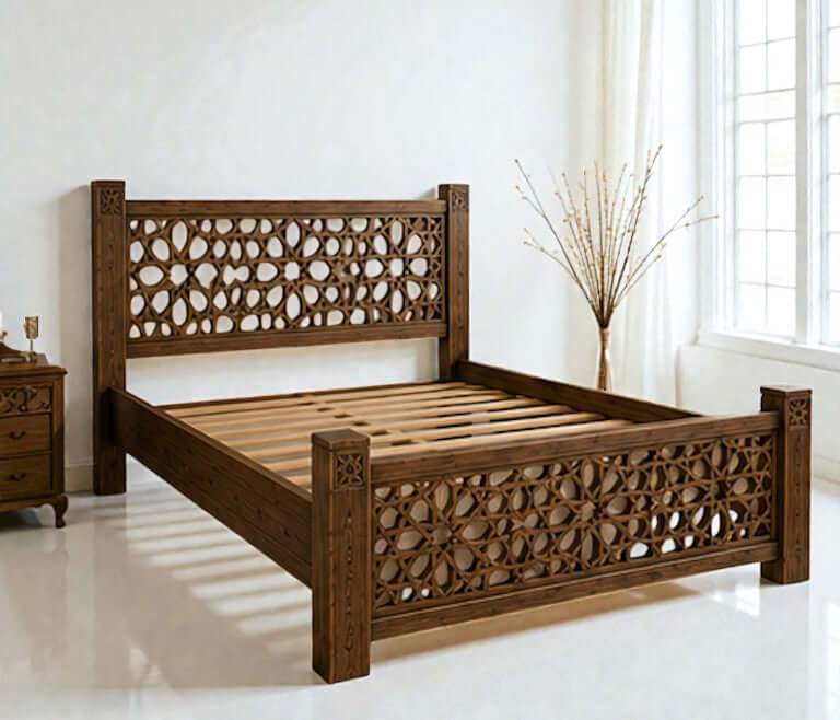 AtlasMuseCrafts handcrafted Moroccan wooden bed frame with intricate geometric carvings on headboard and footboard. Solid wood construction.