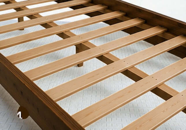 Custom solid wood bed frame with natural slats and carved Moroccan design