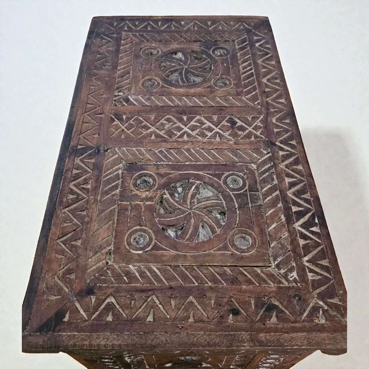 AtlasMuseCrafts Moroccan wooden cabinet with intricate hand-carved Berber patterns and rustic boho style.