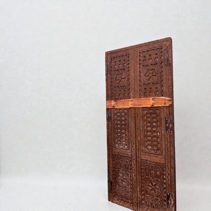 AtlasMuseCrafts natural wood double panel door with intricate hand-carved geometric motifs. Ideal for grand entryways.