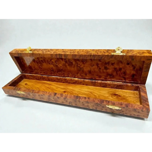 AtlasMuseCrafts decorative Thuya burl wood box with brass hardware, elegant polished finish, and unique swirling grain patterns.