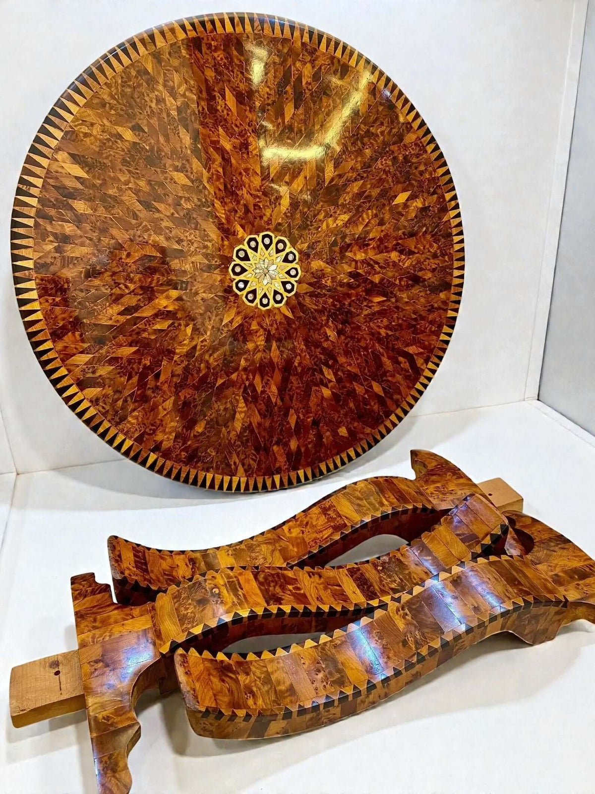 Inlaid Thuya wood coffee table with Moroccan marquetry detail