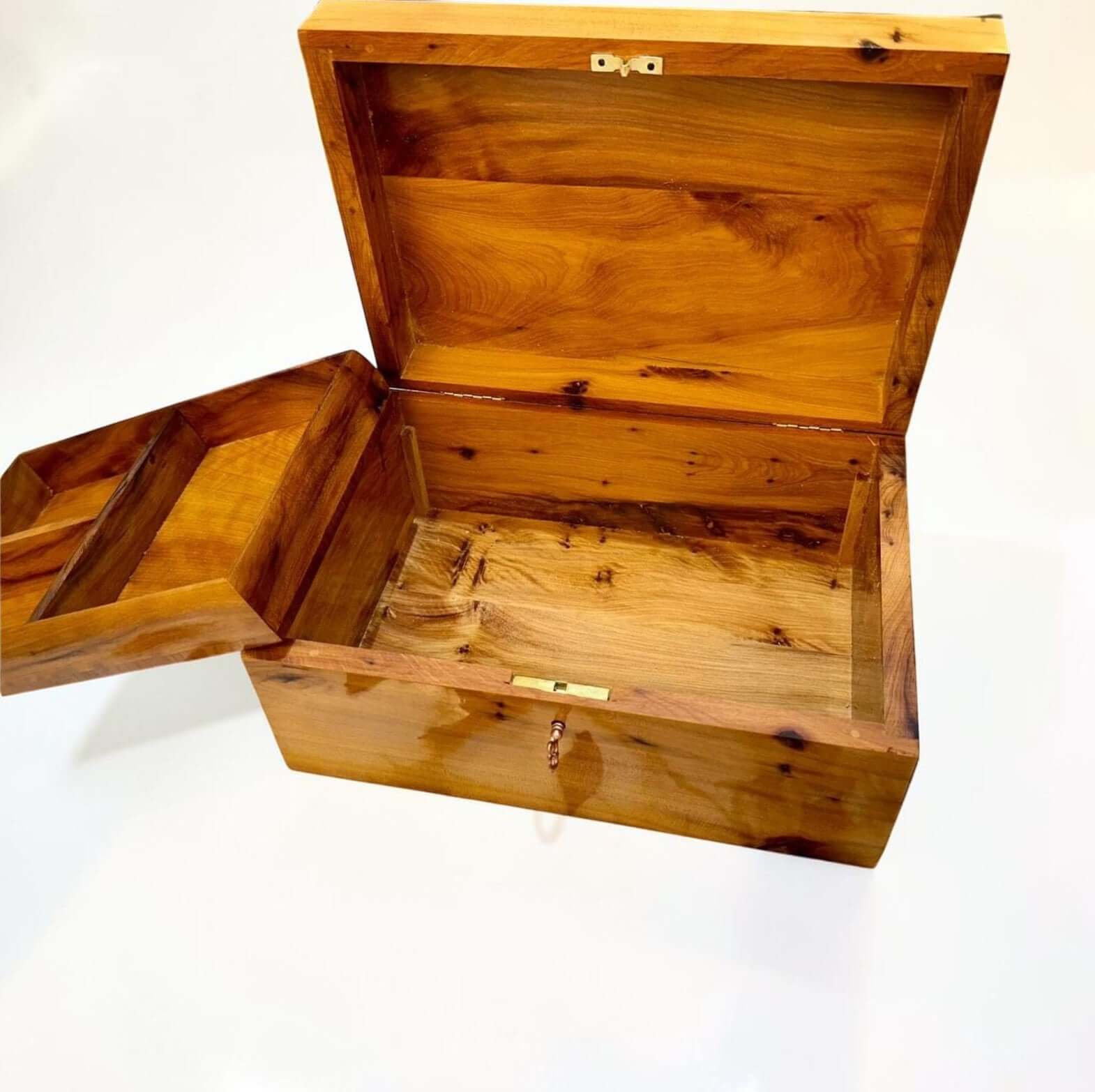 Luxury Wooden Jewelry Box in Thuya burl wood with an inner compartment for organized storage and elegant design.
