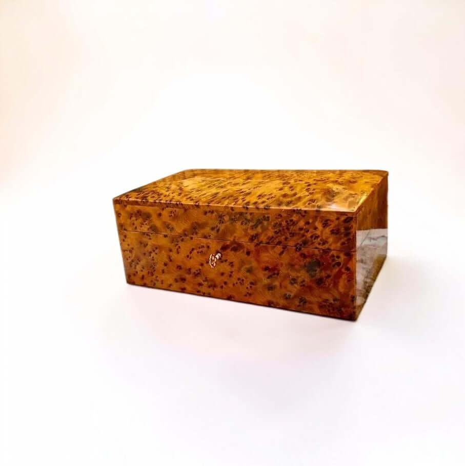 Lockable Thuya Wood Jewelry Box – Moroccan Burl in rich golden hues, showcasing handcrafted craftsmanship and secure storage.