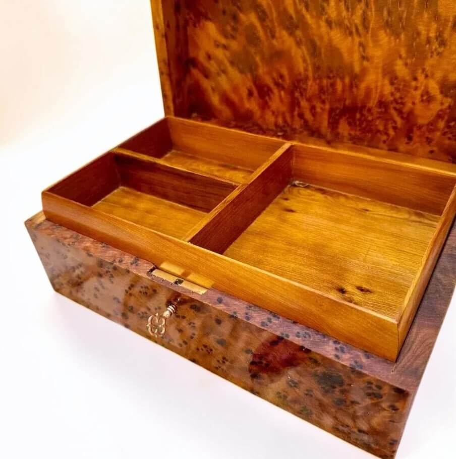 Lockable Thuya Wood Jewelry Box – Moroccan Burl with compartments for organized storage.
