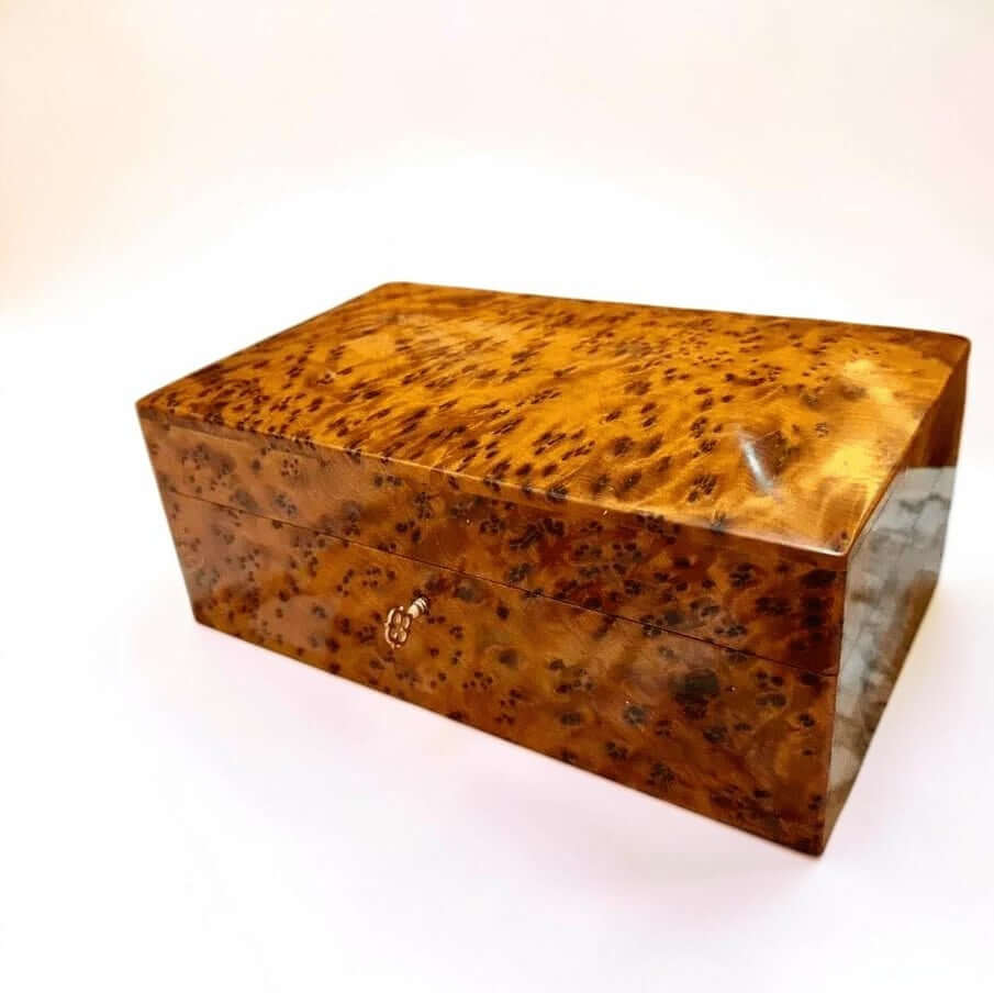 Lockable Thuya Wood Jewelry Box – Moroccan Burl with hand-tooled brass lock, crafted from Thuya burl wood.