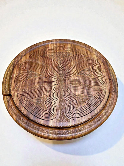 AtlasMuseCrafts handmade foldable wooden fruit basket with intricate carved tree design, natural walnut finish.