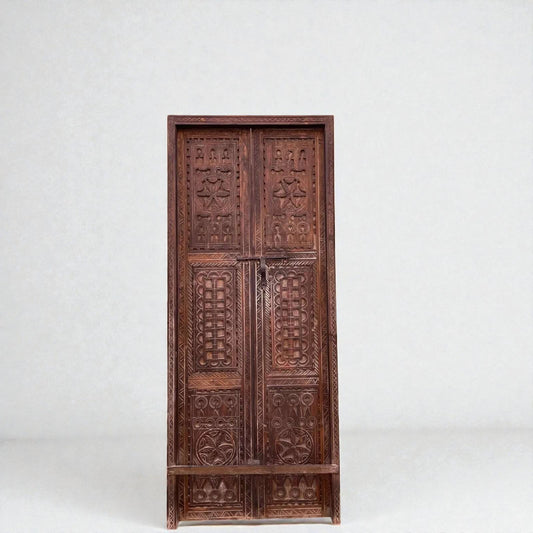 AtlasMuseCrafts double panel wooden door with intricate hand-carved geometric motifs in natural wood finish.