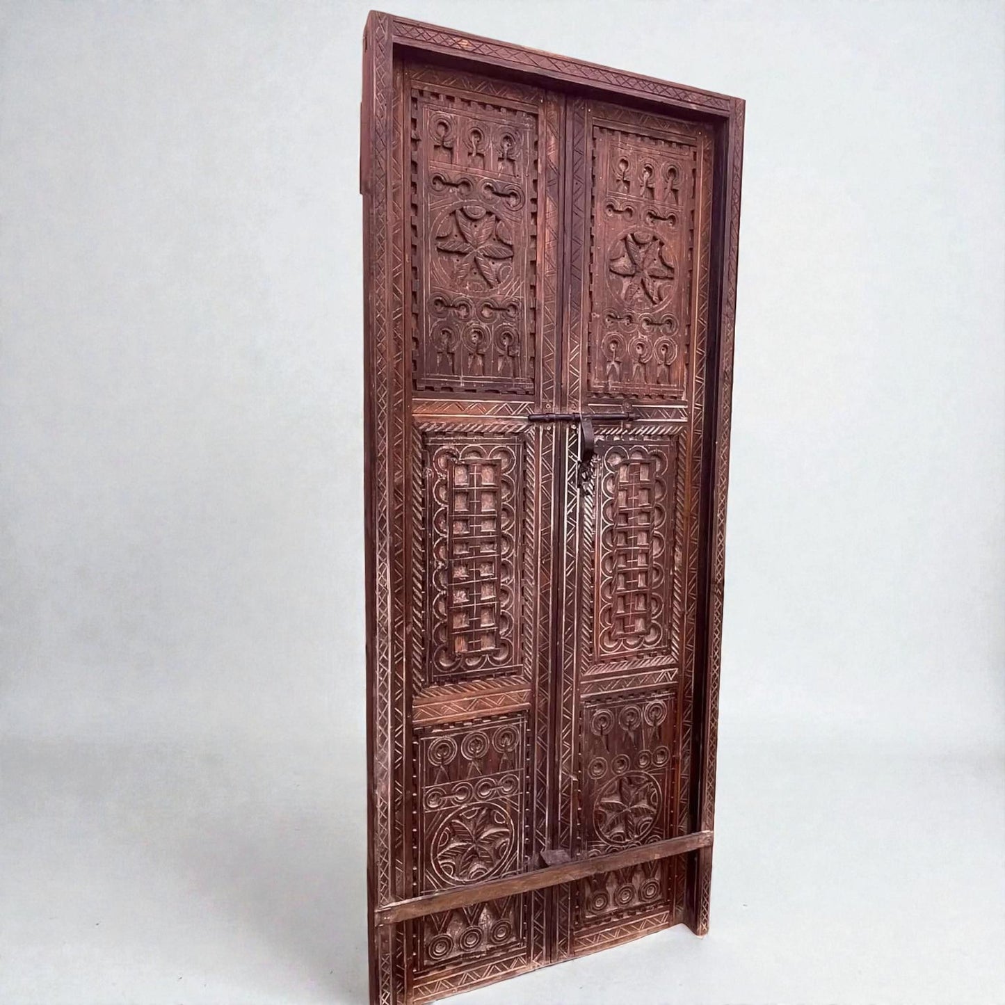 AtlasMuseCrafts hand-carved wooden double panel door with intricate geometric motifs in natural wood finish.