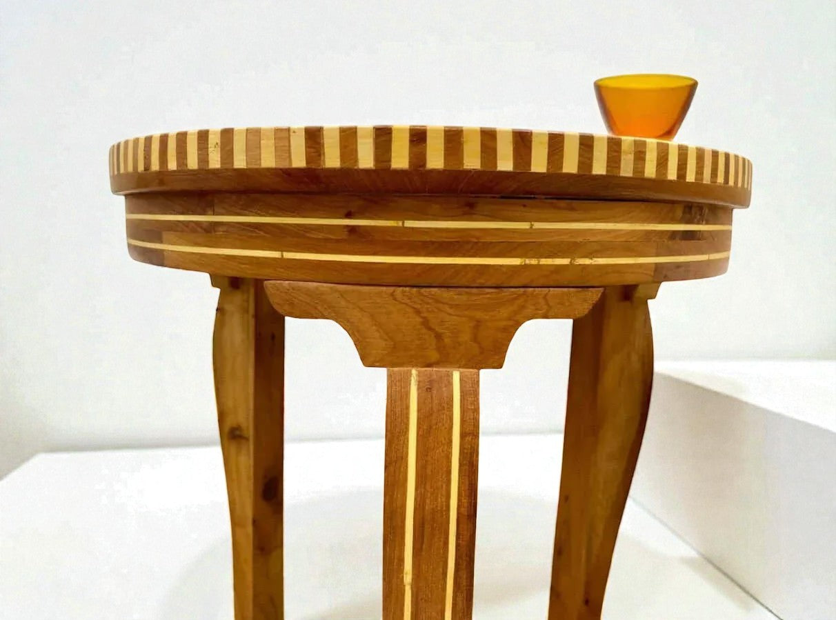 AtlasMuseCrafts handmade wooden coffee table with inlaid wood detail and curved legs. Moroccan accent table.