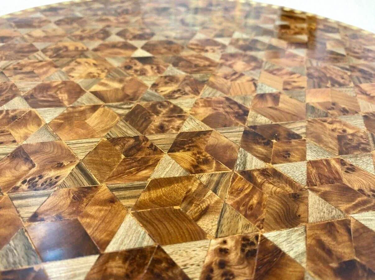 Handmade coffee table with geometric mosaic wood pattern