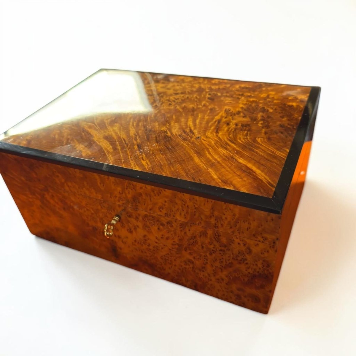 Handmade burl wood jewelry box with brass lock and polished Moroccan Thuya grain