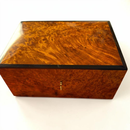 Burl wood jewelry box handmade from Moroccan Thuya with brass lock and polished grain