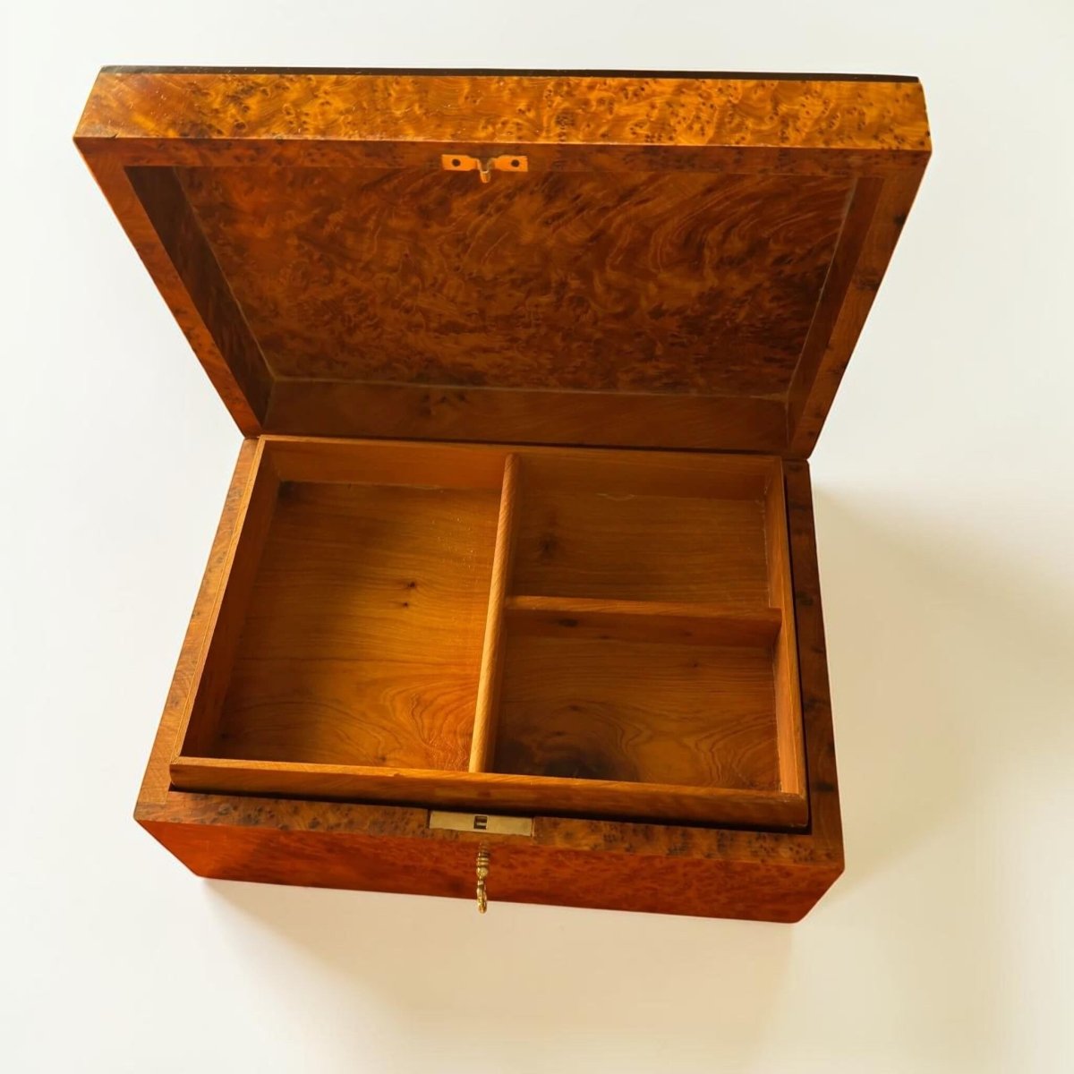 Handmade Thuya burl jewelry box with brass latch and divided interior