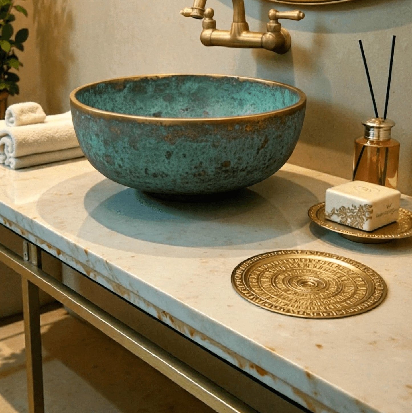 Green Patina Copper Vessel Sink | Two-Tone Hammered Basin