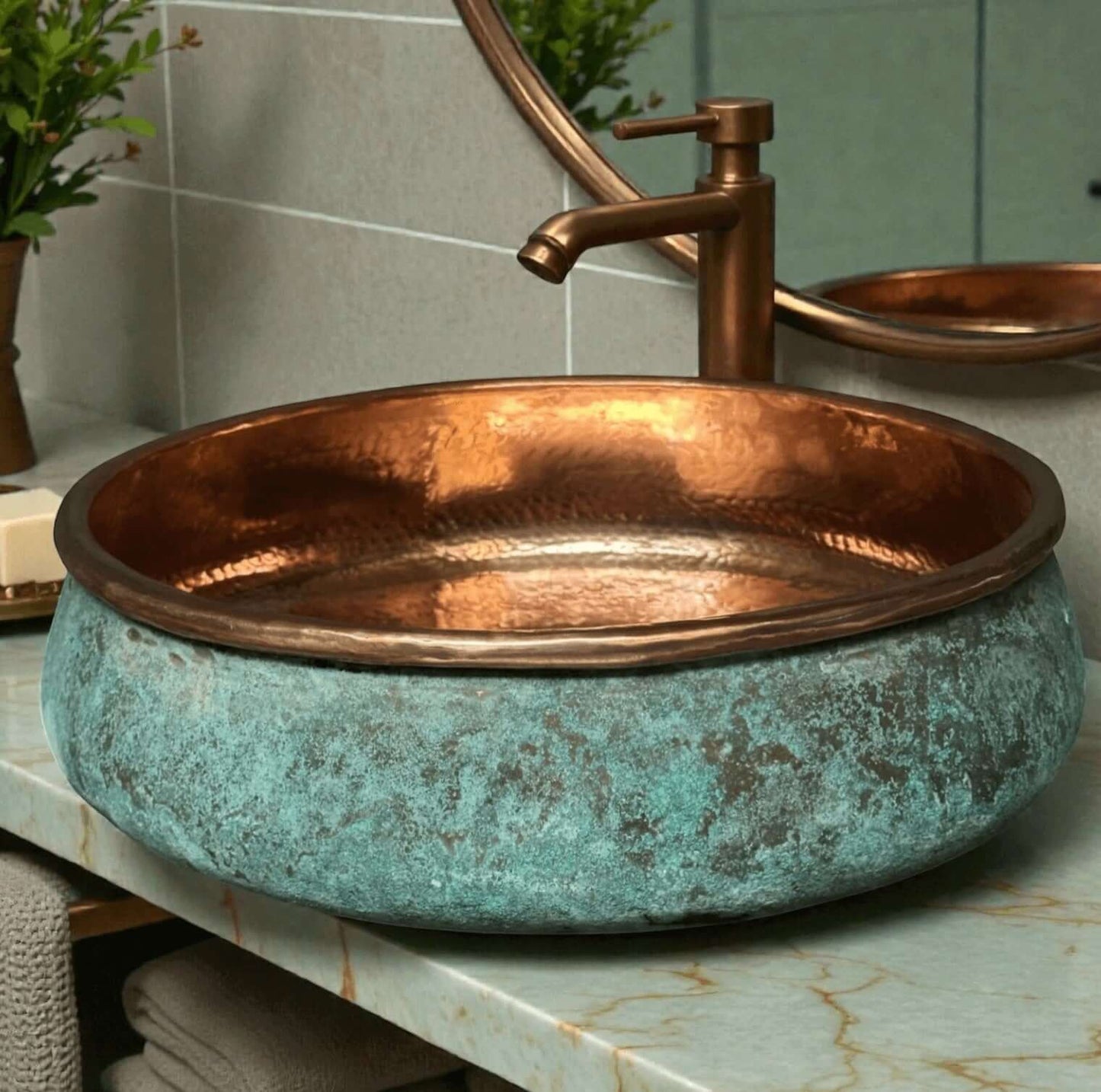 two tone green patina copper vessel sink with hammered finish and luxurious turquoise basin