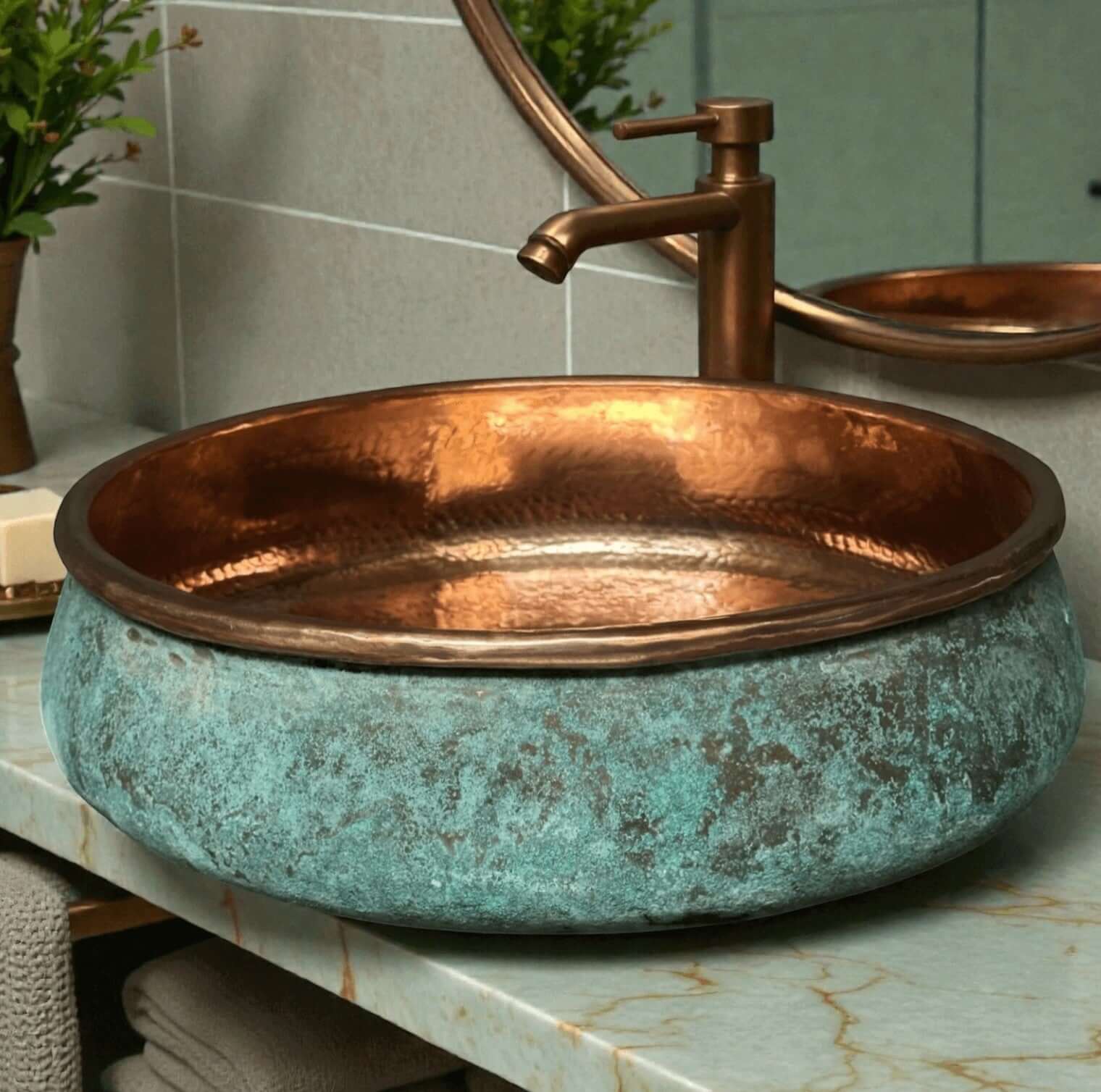 two tone green patina copper vessel sink with hammered finish and luxurious turquoise basin