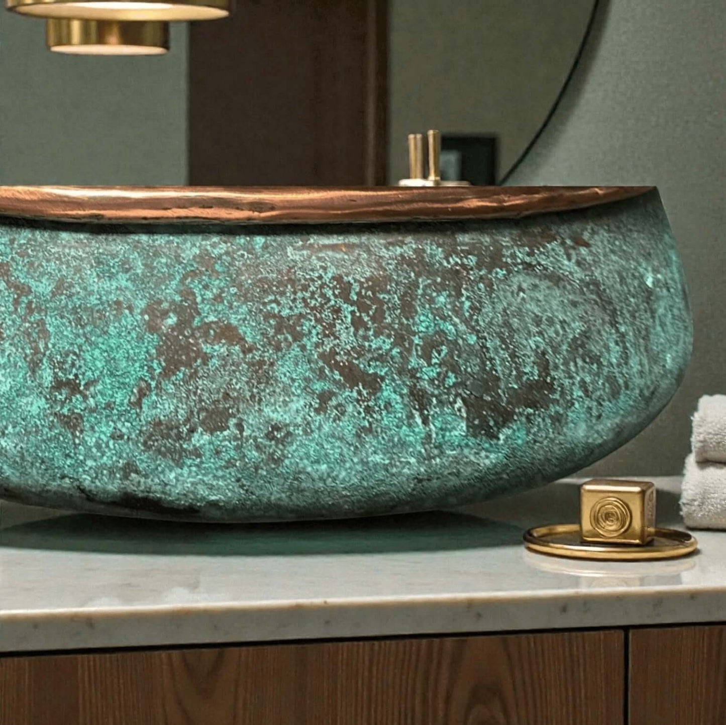two tone green patina copper vessel sink showcased in a modern bathroom setting.