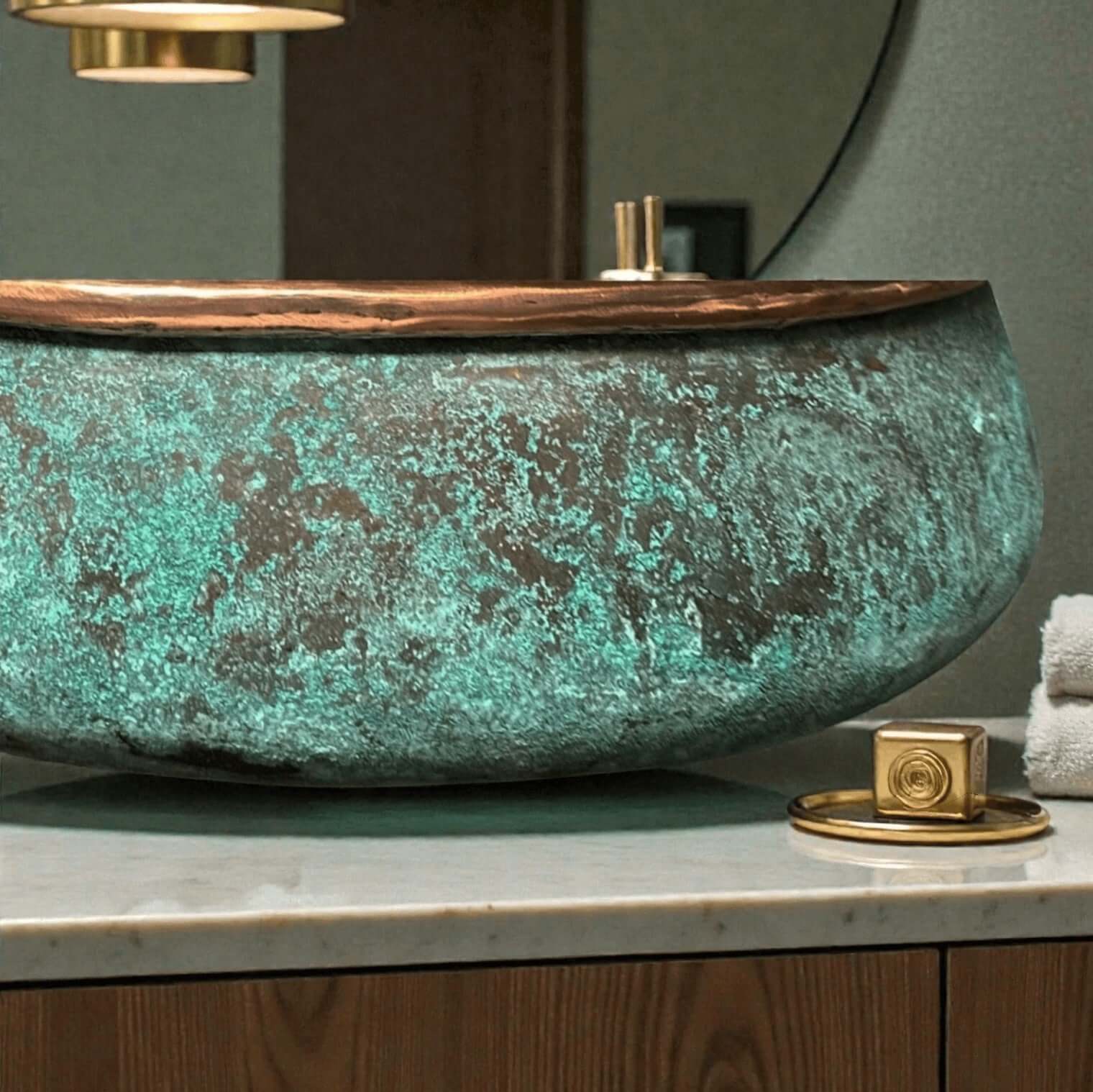 two tone green patina copper vessel sink showcased in a modern bathroom setting.