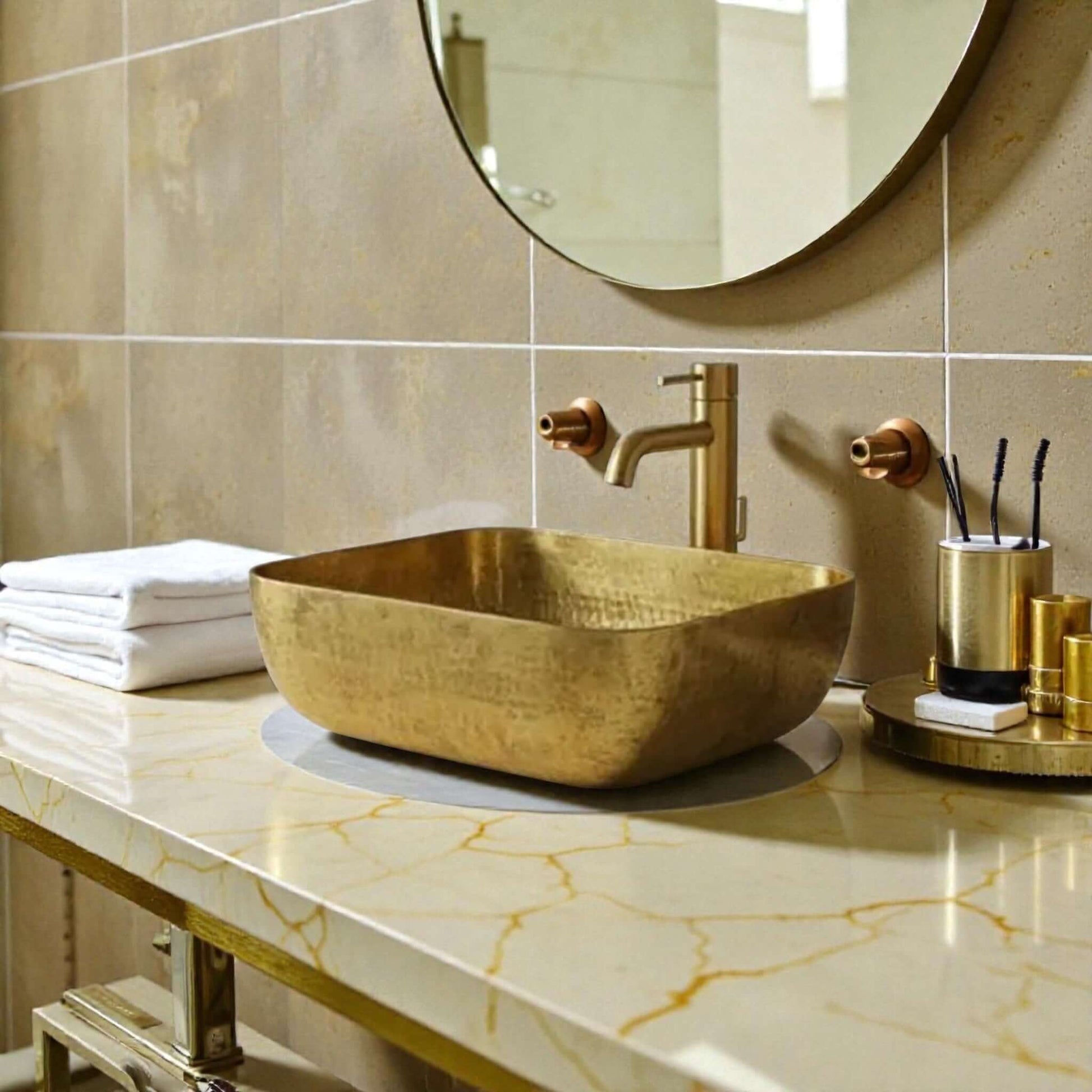 Luxury Hammered Brass Vessel Sink in a stylish bathroom setting with elegant decor and fixtures.