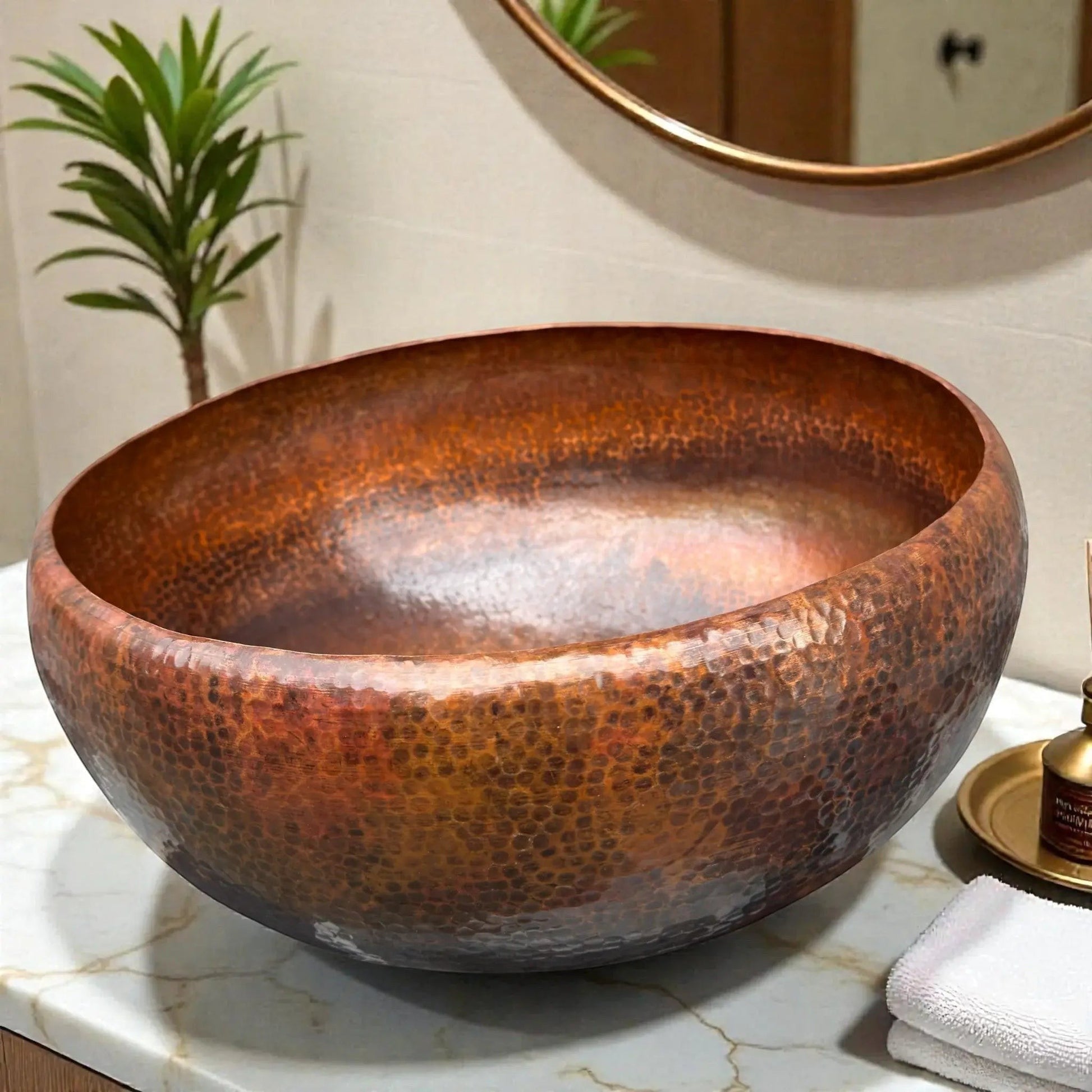 Hammered Brown Copper Vessel Sink displayed on a marble countertop with a plant and decorative items.
