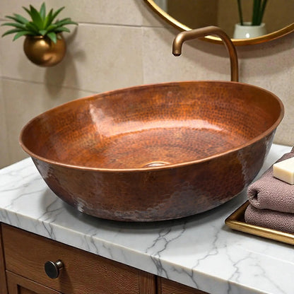 Round hammered copper vessel sink