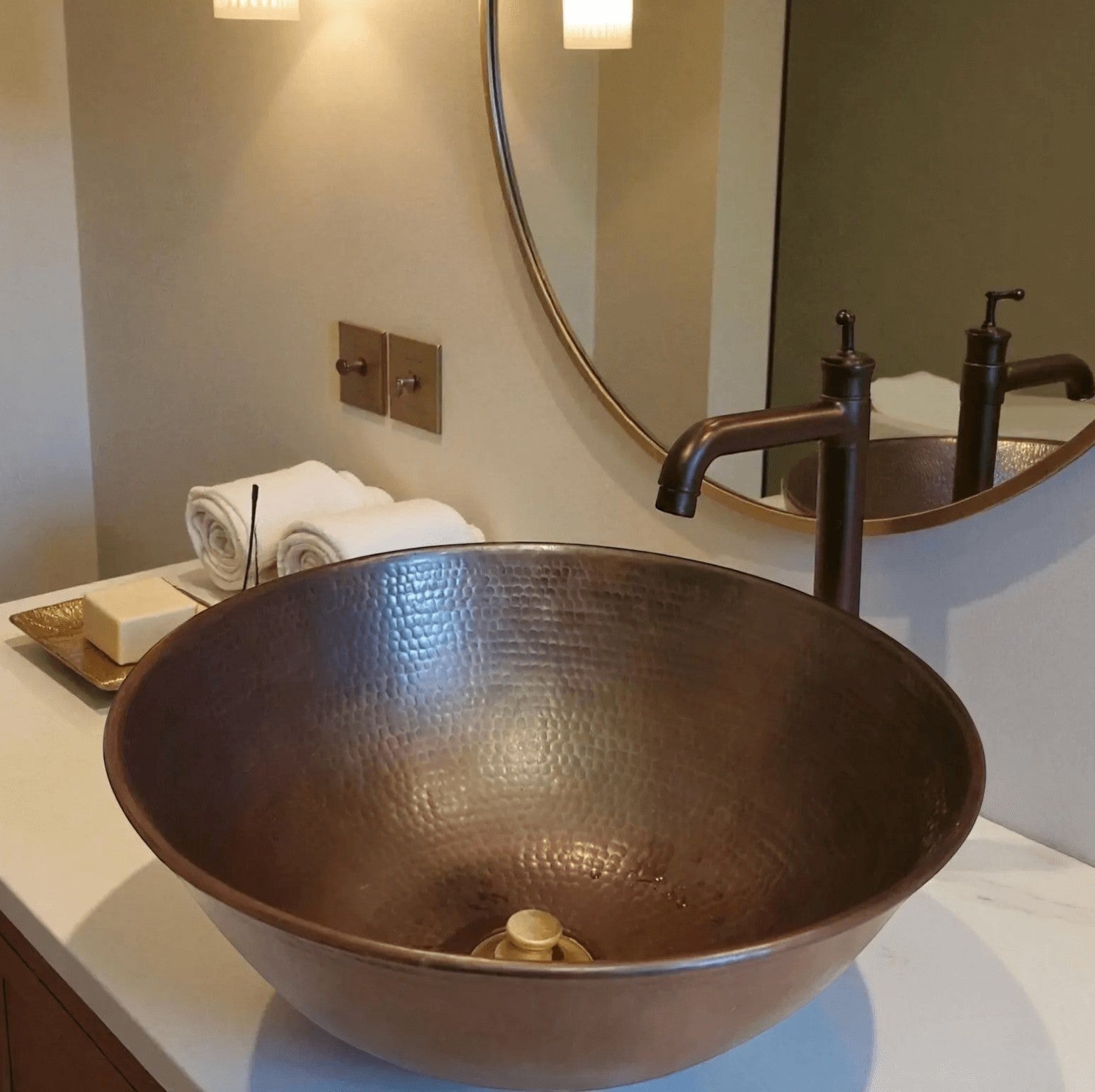 handmade oxidized copper vessel sink, a rustic hammered