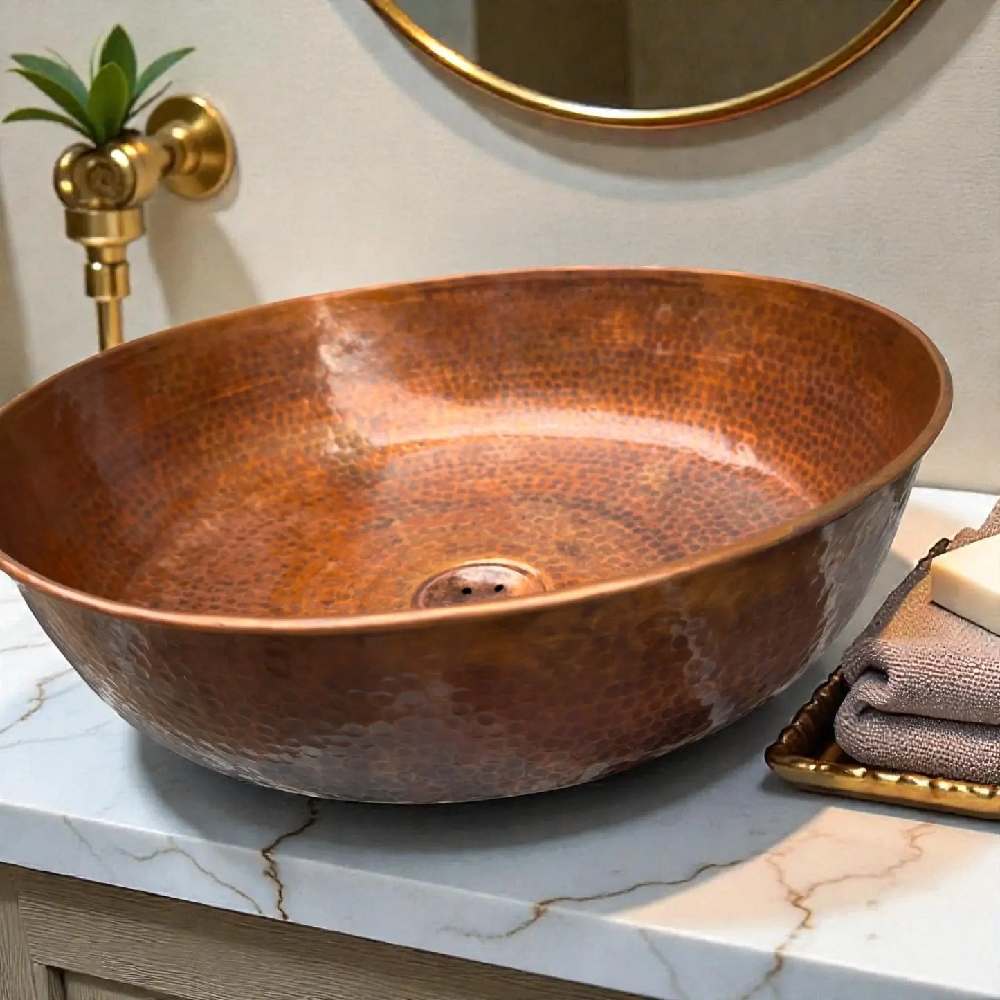handcrafted round hammered copper vessel