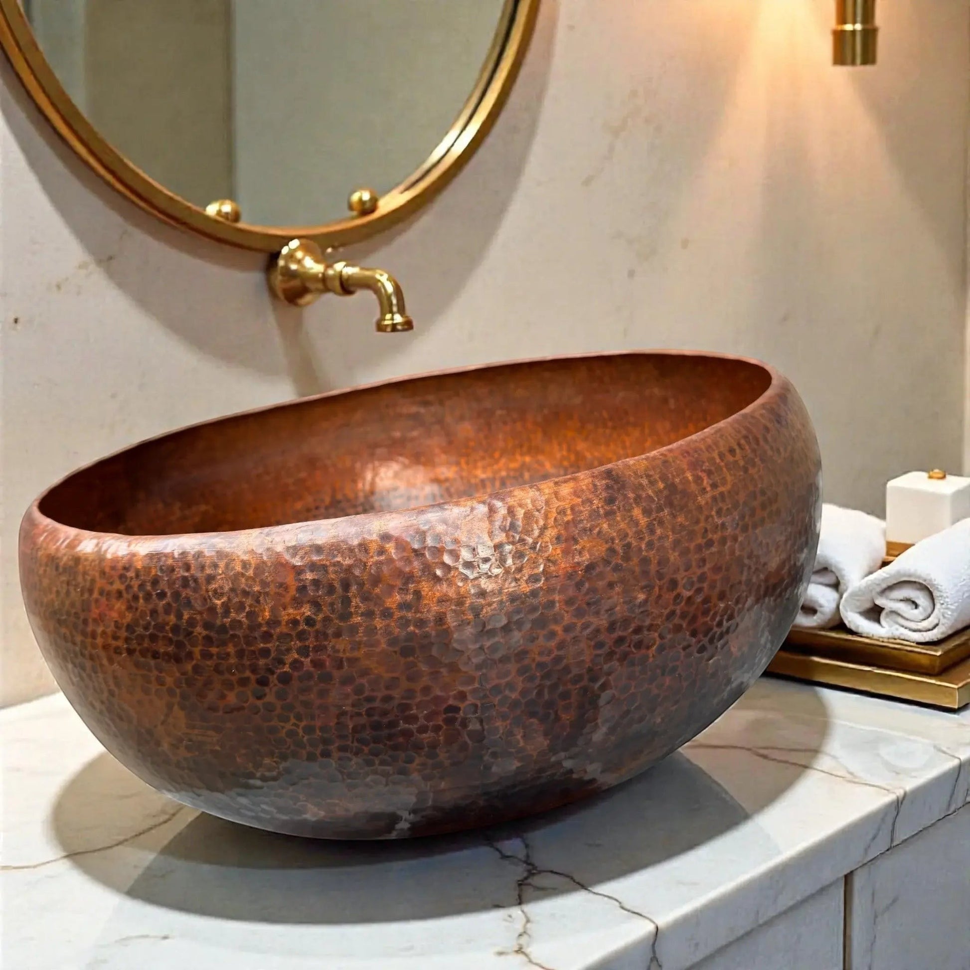 Hammered Brown Copper Vessel Sink placed on a bathroom countertop with a round mirror above.