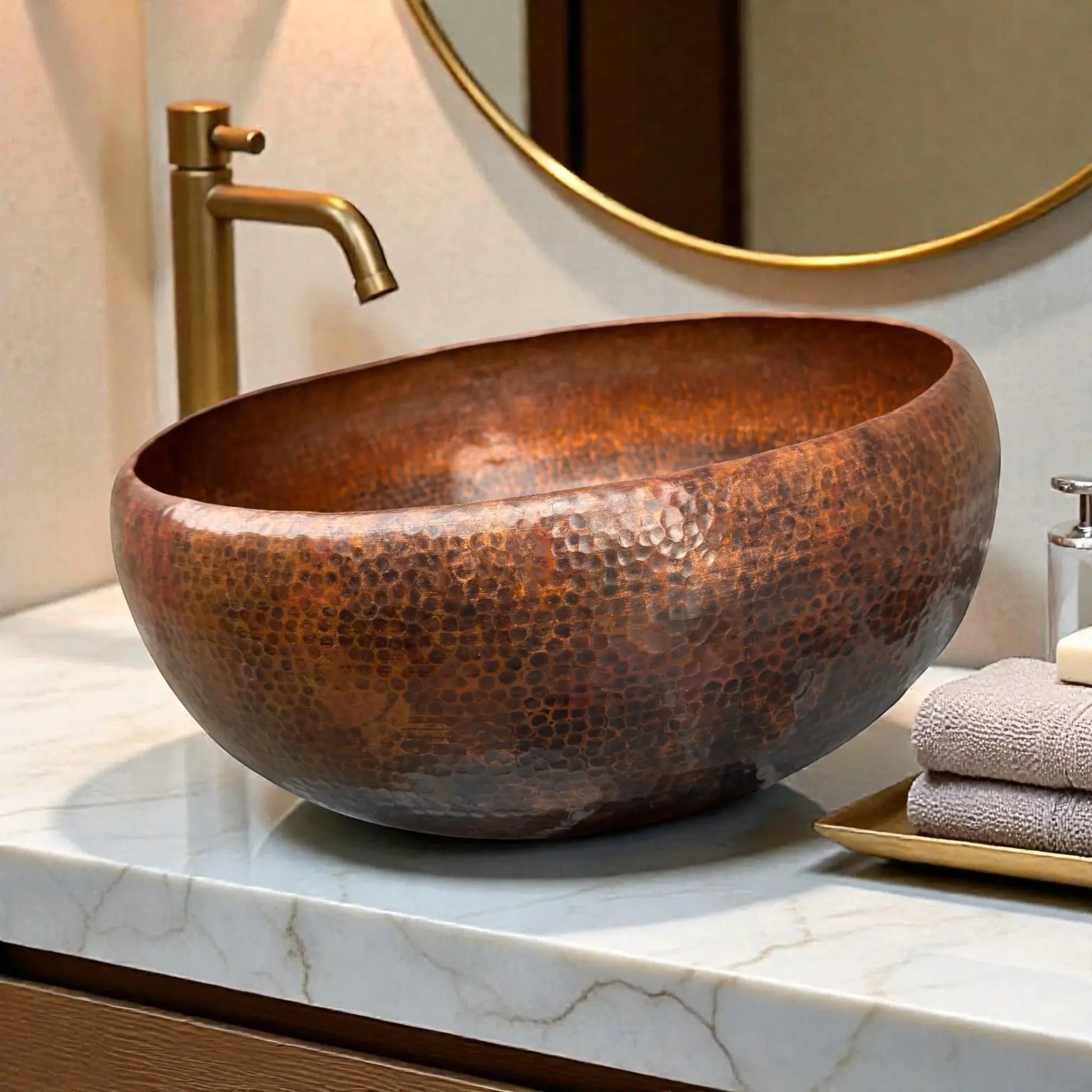 Hammered Brown Copper Vessel Sink displayed in a stylish bathroom setting with marble countertop.