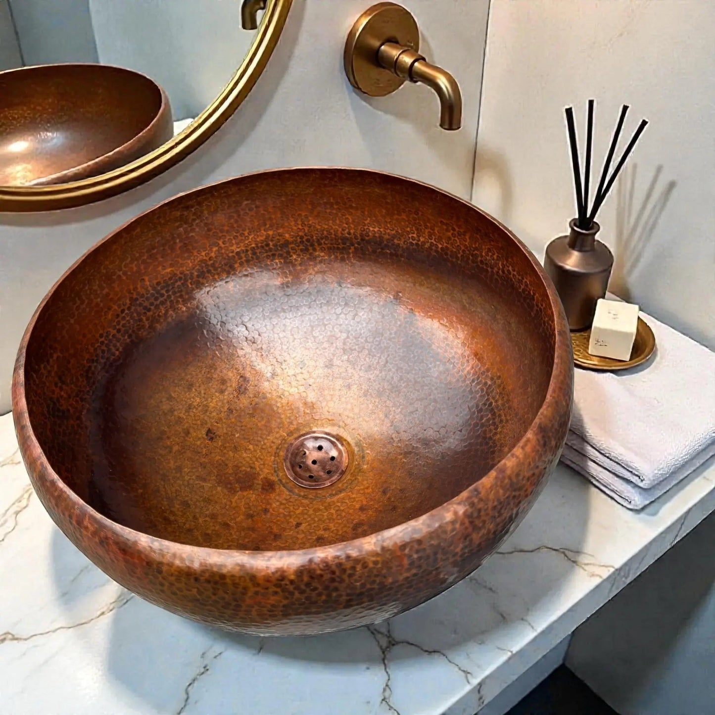 Hammered Brown Copper Vessel Sink displayed in a stylish bathroom setting with elegant fixtures.