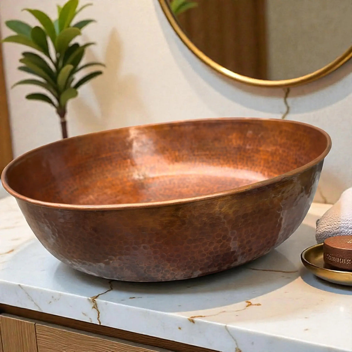 Round Hammered Copper Vessel Sink – Antique Patina Basin – additional view 1