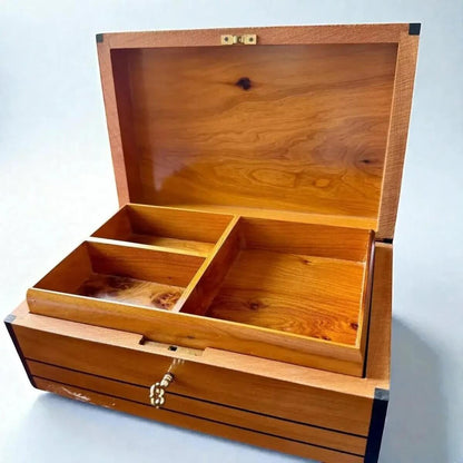 Decorative Wooden Keepsake Box with compartments and brass clasp, made from Thuya wood for jewelry storage.