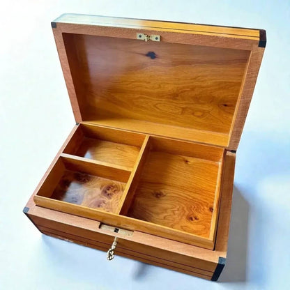 Opening view of a Decorative Wooden Keepsake Box featuring Thuya burl wood and handcrafted compartments for jewelry storage.