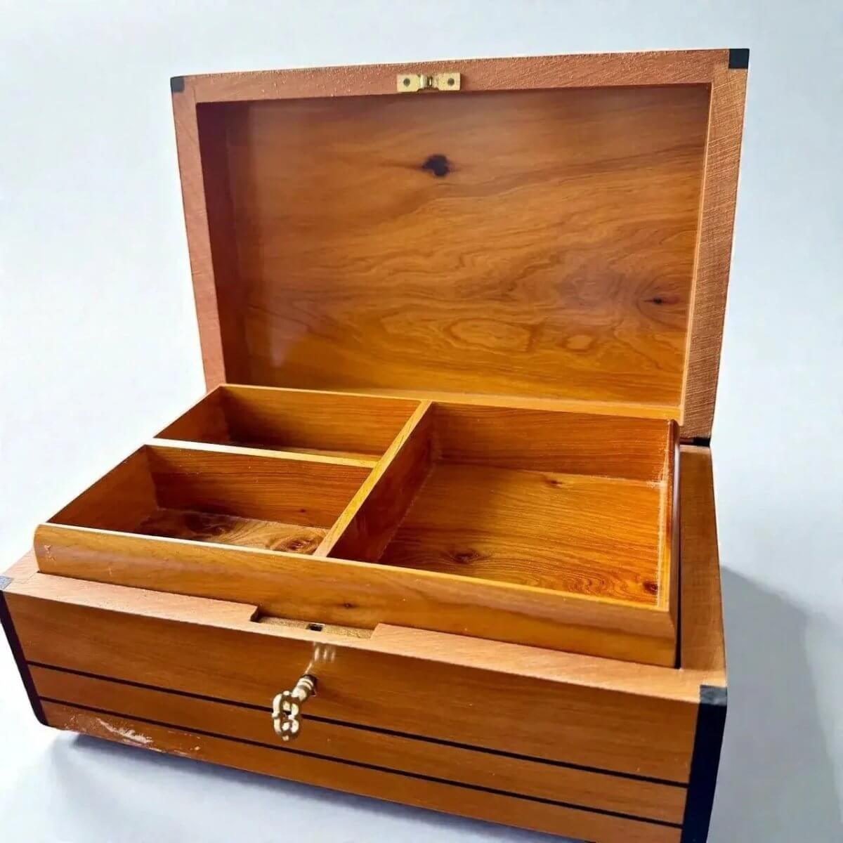 Handmade Decorative Wooden Keepsake Box in Thuya wood with two compartments and brass clasp, perfect for jewelry.