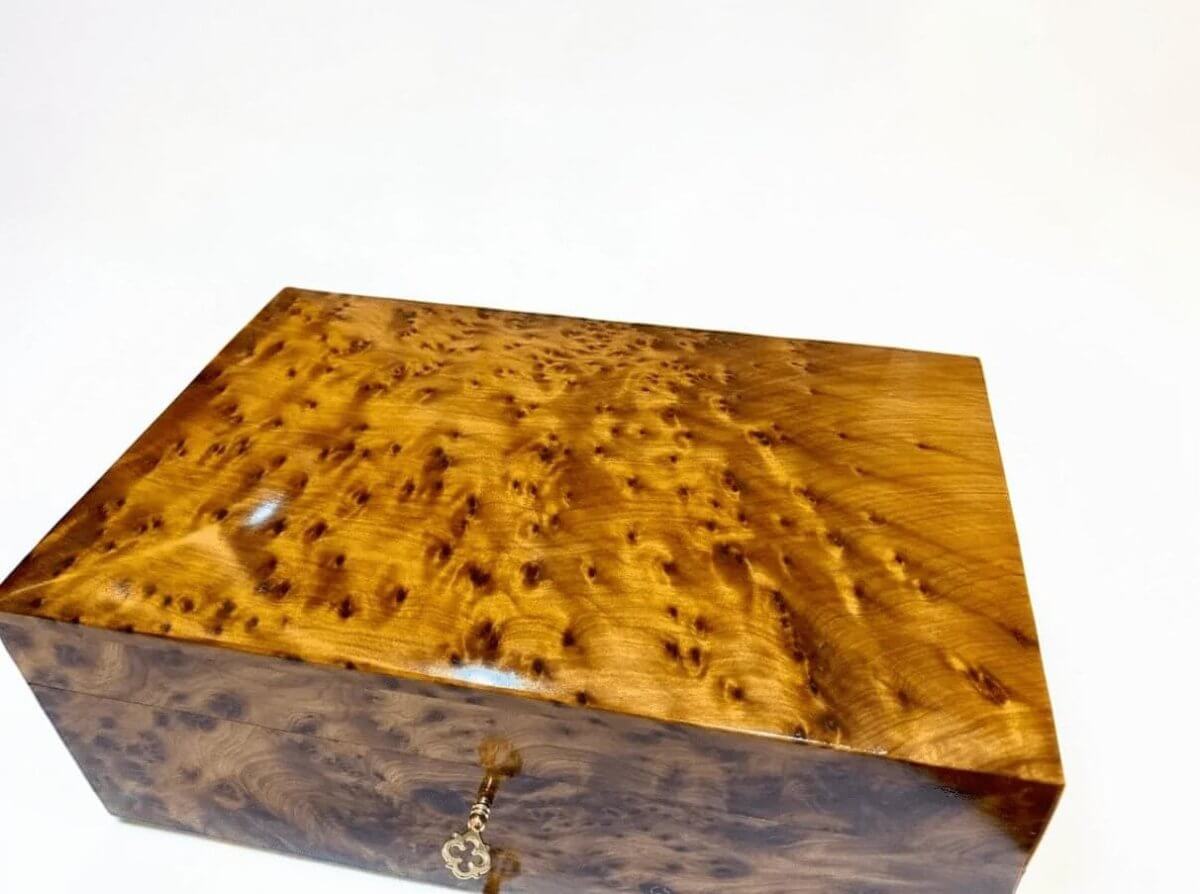 Handmade wooden jewelry box viewed from the side