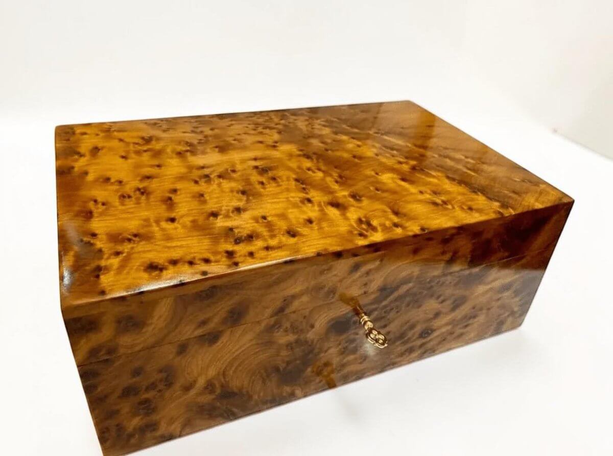 Large wooden jewelry box with lock in polished Moroccan Thuya burl