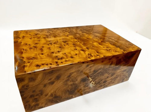 Handcrafted burl wooden box made from Moroccan Thuya with brass key lock
