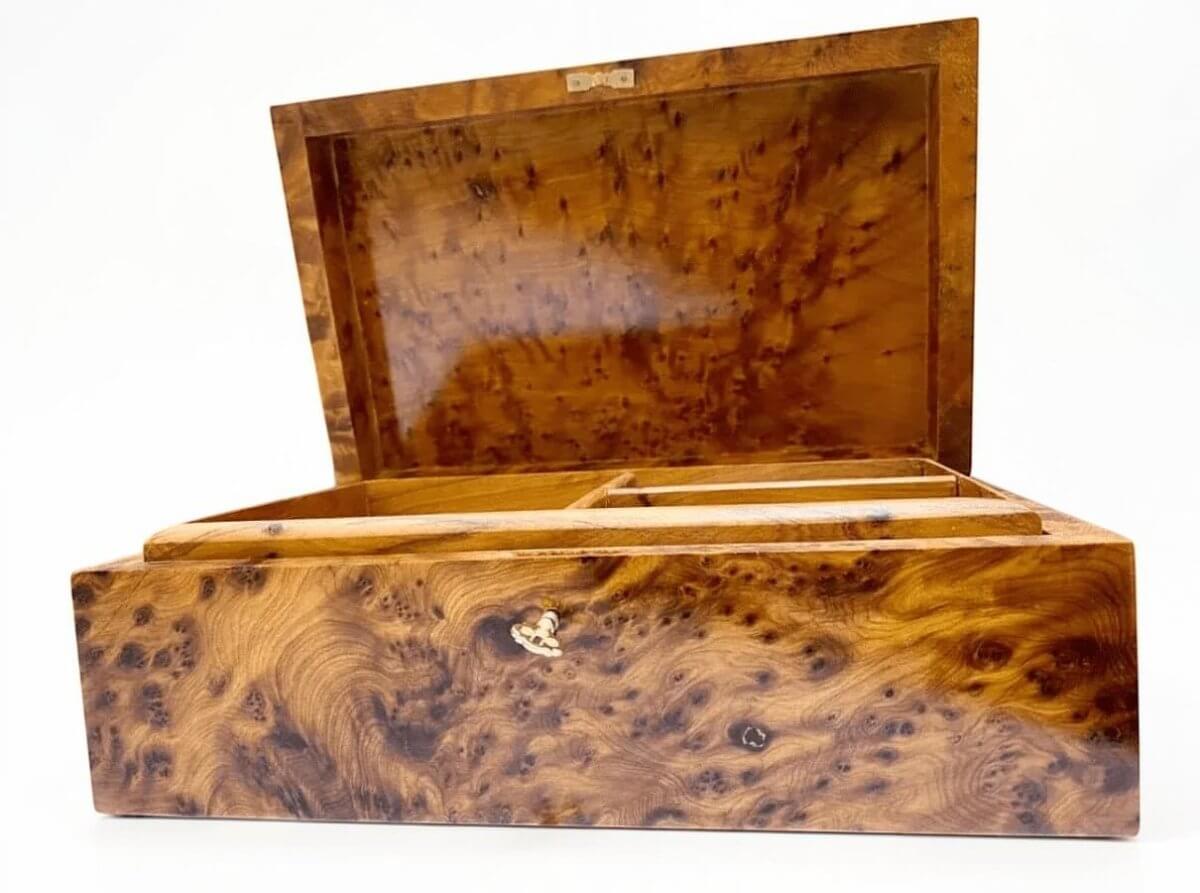 Natural swirling grain on polished Thuya burl jewelry box