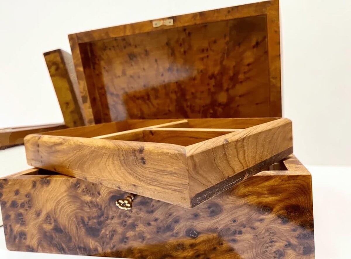 Open Moroccan Thuya wood jewelry box with storage compartments