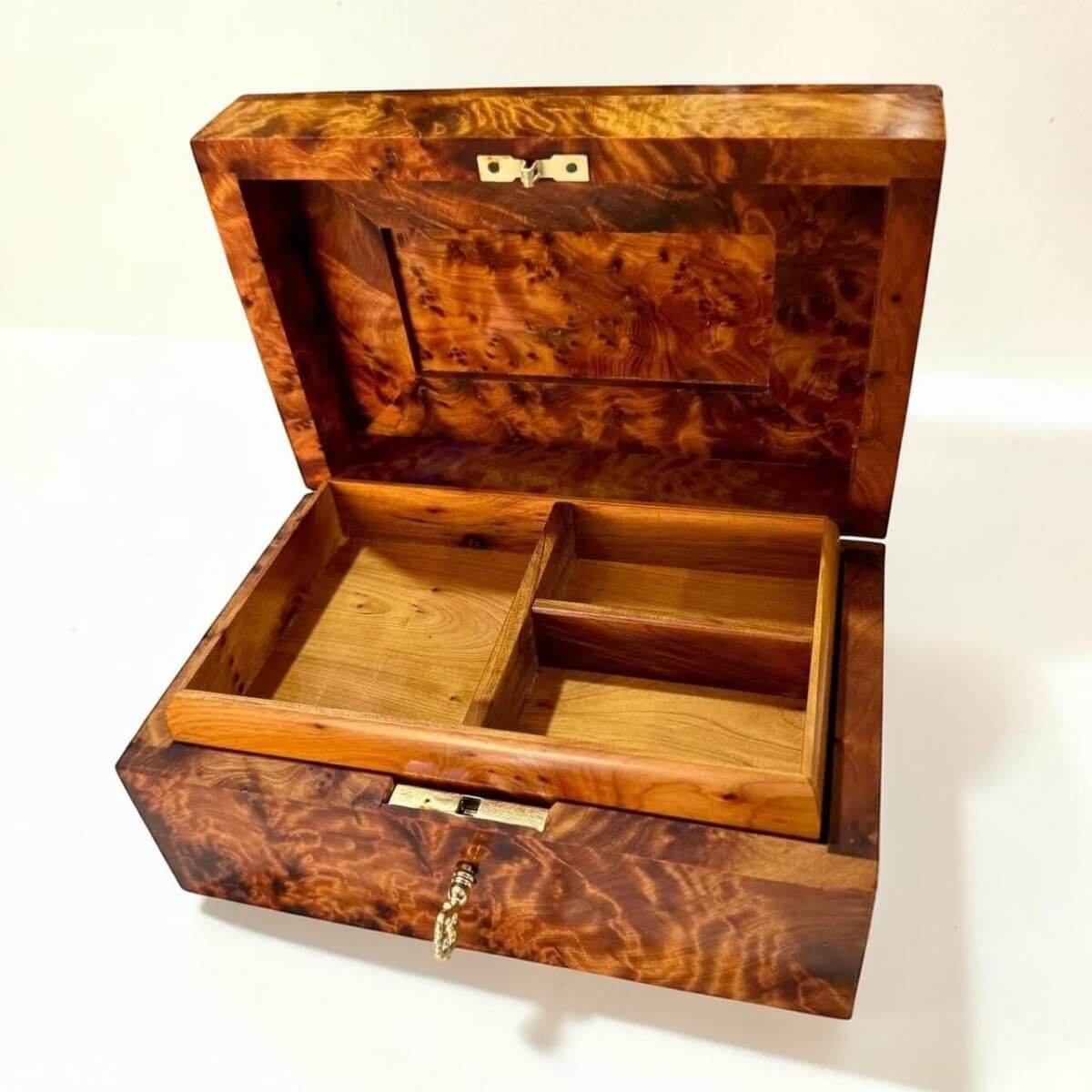 Wooden Memorial Keepsake Box – Handmade Moroccan Thuya, featuring intricate Thuya burl wood craftsmanship and compartments for storage.